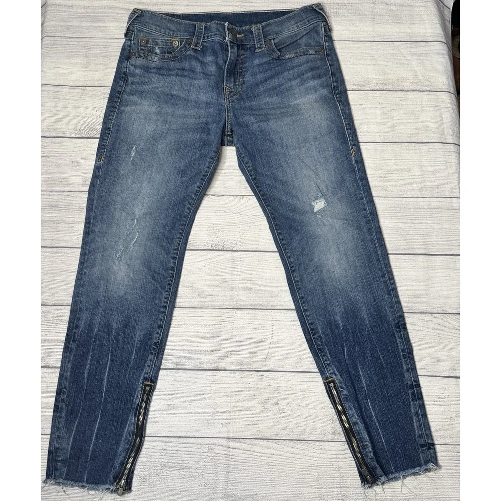 True Religion Frayed‎ Finn Slim Tapered Zippered Ankles Distressed Blue Jeans 31